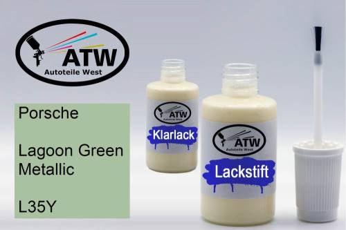 Porsche, Lagoon Green Metallic, L35Y: 20ml Lackstift + 20ml Klarlack - Set, von ATW Autoteile West.